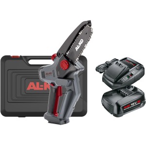 Al-Ko Akku-Minikettensäge CSM 1815 mit Akku, Ladegerät und Koffer.