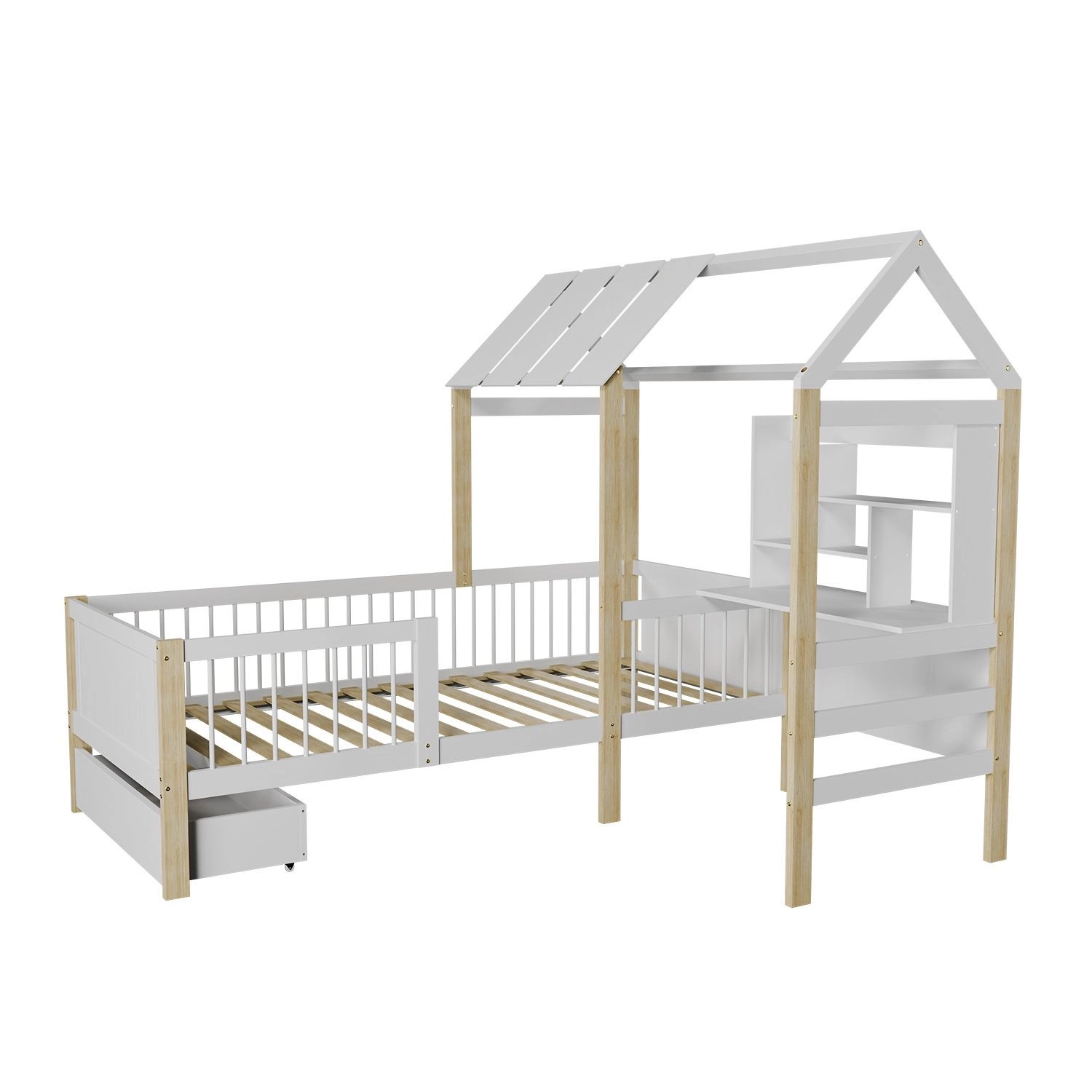 Juskys Kinderbett Yari 90x200 cm Weiß Natur günstig online kaufen