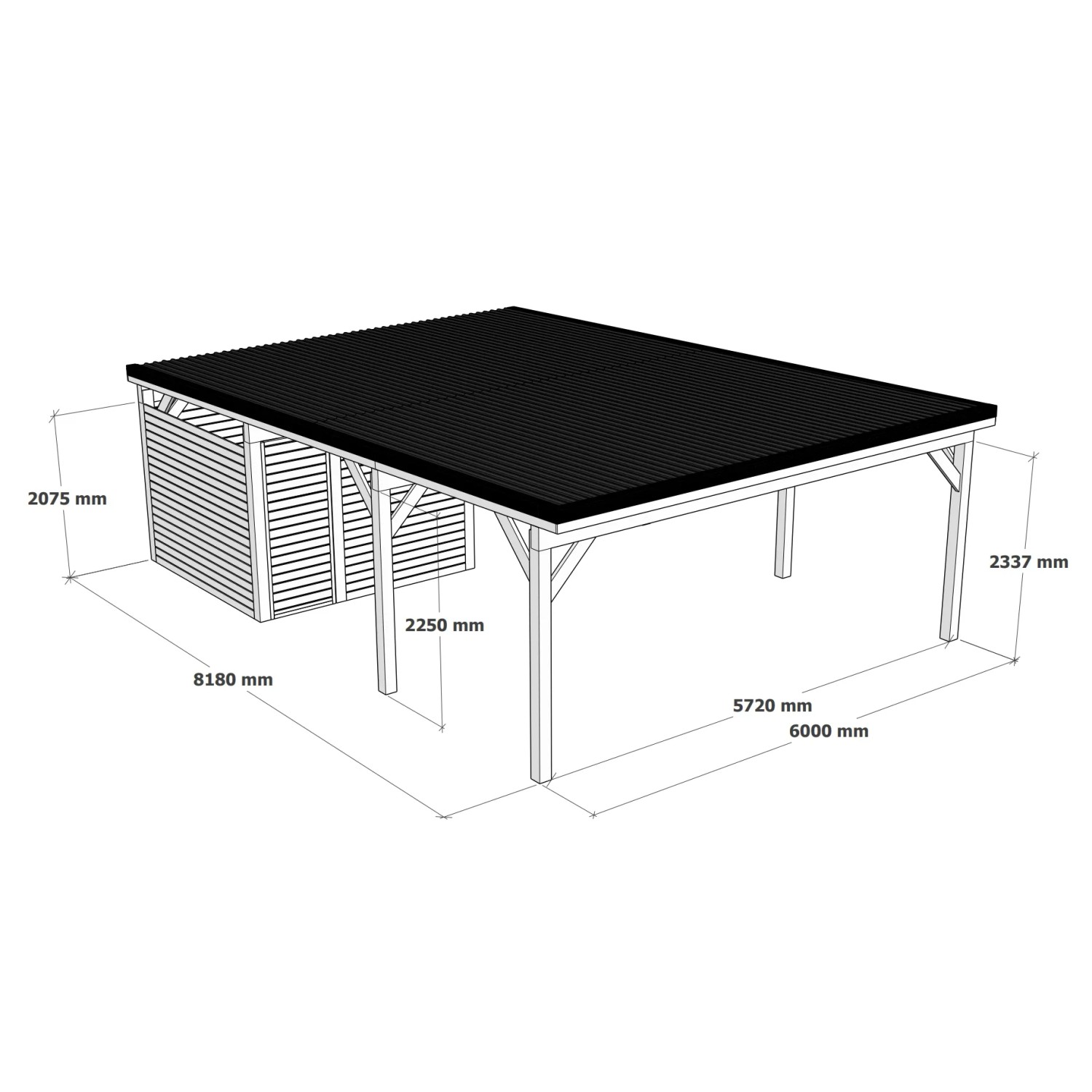Holzbrüder Doppelcarport Ralf mit Geräteraum, naturbelassen, schwarzes Dach, Maße 600x868 cm.