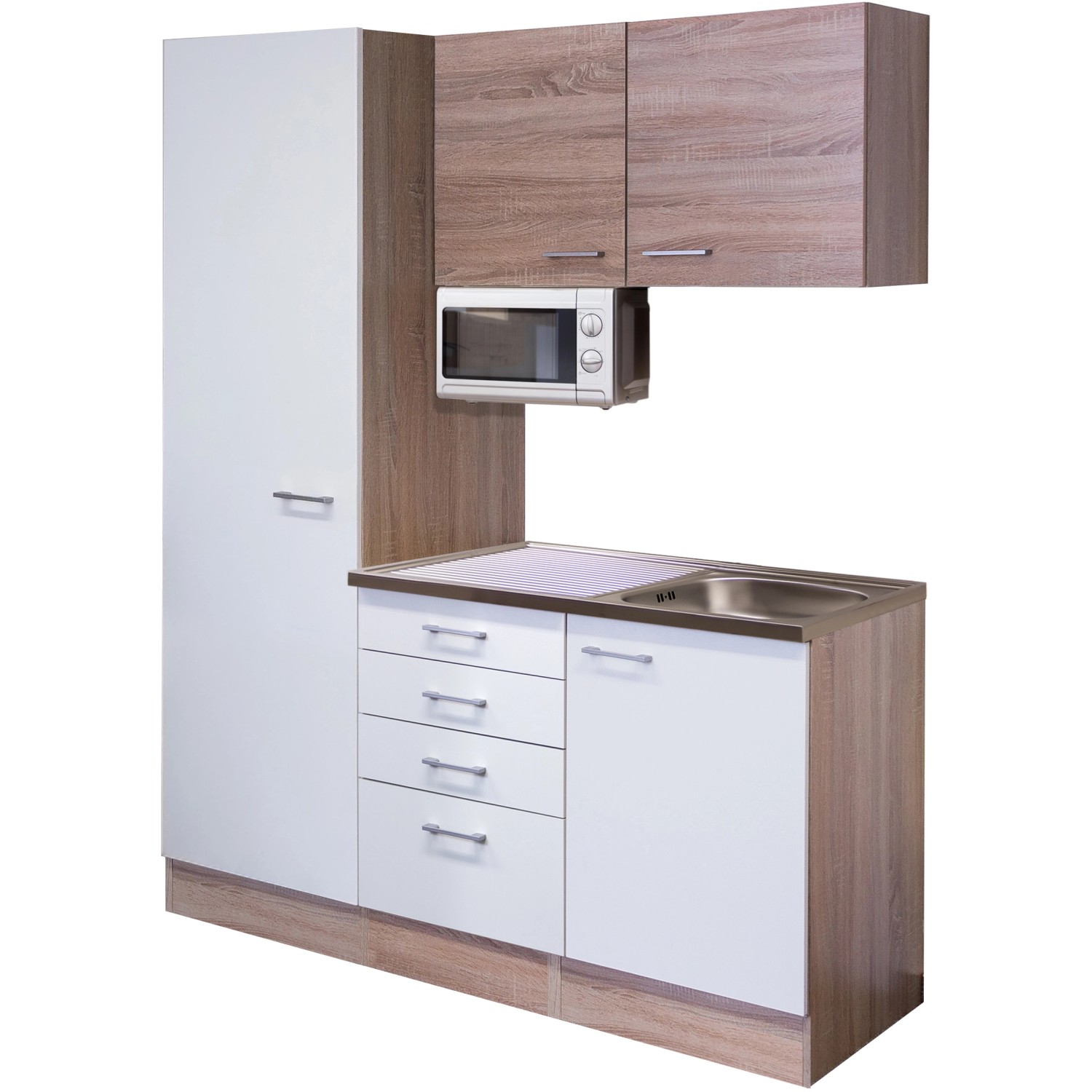 Flex-Well Singleküche 150 cm, Weiß und Sonoma Eiche Dekor mit Mikrowelle und Spüle.
