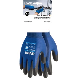 Uvex Phynomic Wet Arbeitshandschuhe Gr. 08, blaue Schutzhandschuhe mit schwarzer Beschichtung.