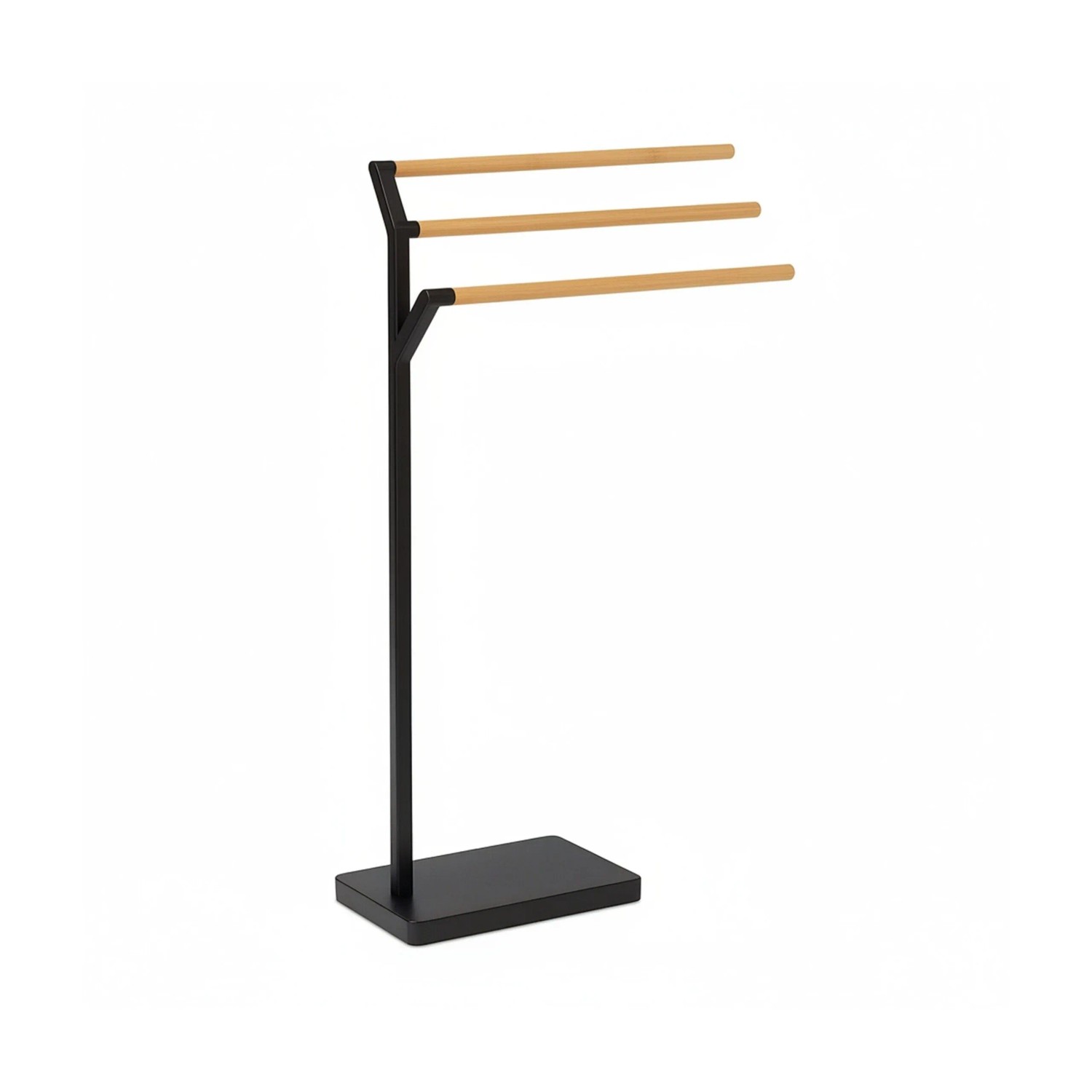 Relaxdays Handtuchständer mit 3 Stangen Eisen Bambus Schwarz Freistehend 75 cm x 38,5 cm x 18 cm 1,9 kg