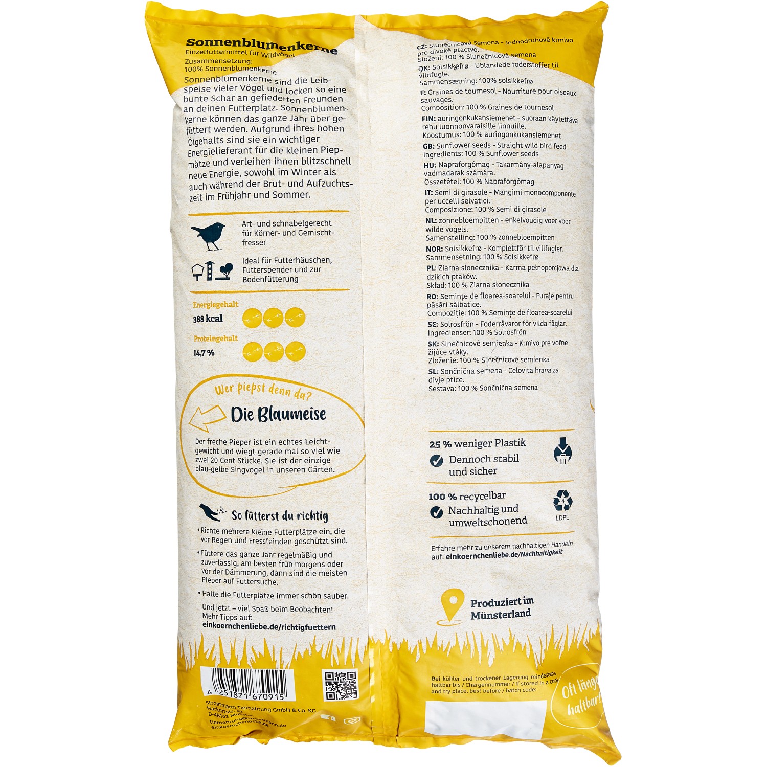 Elles Sonnenblumenkerne 1 kg, Wildvogelfutter im gelben Sack mit Produktinformationen.