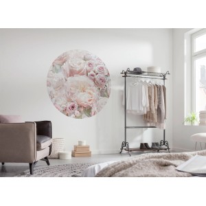 Selbstklebende, runde Vliesfototapete mit rosa Rosen und Blüten, Durchmesser 125 cm.