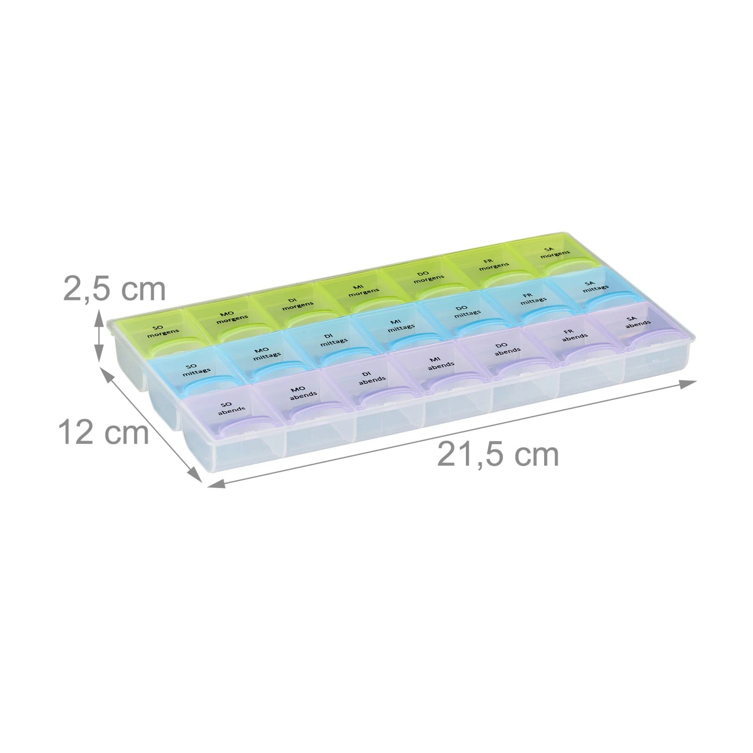 Relaxdays Tablettenbox Kunststoff Transparent Bunt 7 Tage 3 Fächer 2,5 cm x 21,5 cm x 12 cm 90 g_4