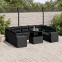 Schwarze 10-tlg. vidaXL Garten-Sofagarnitur aus Poly Rattan mit Tisch und Kissen.