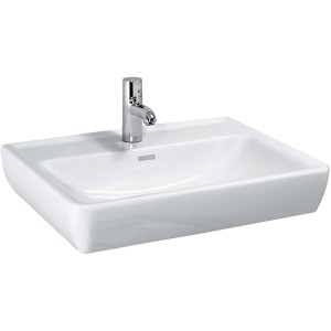 Weißes Laufen Pro A Handwaschbecken, 55 cm breit, mit Armatur und Überlauf.