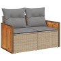 Beige 4-tlg. Garten-Sofagarnitur aus Rattan mit grauen Kissen.