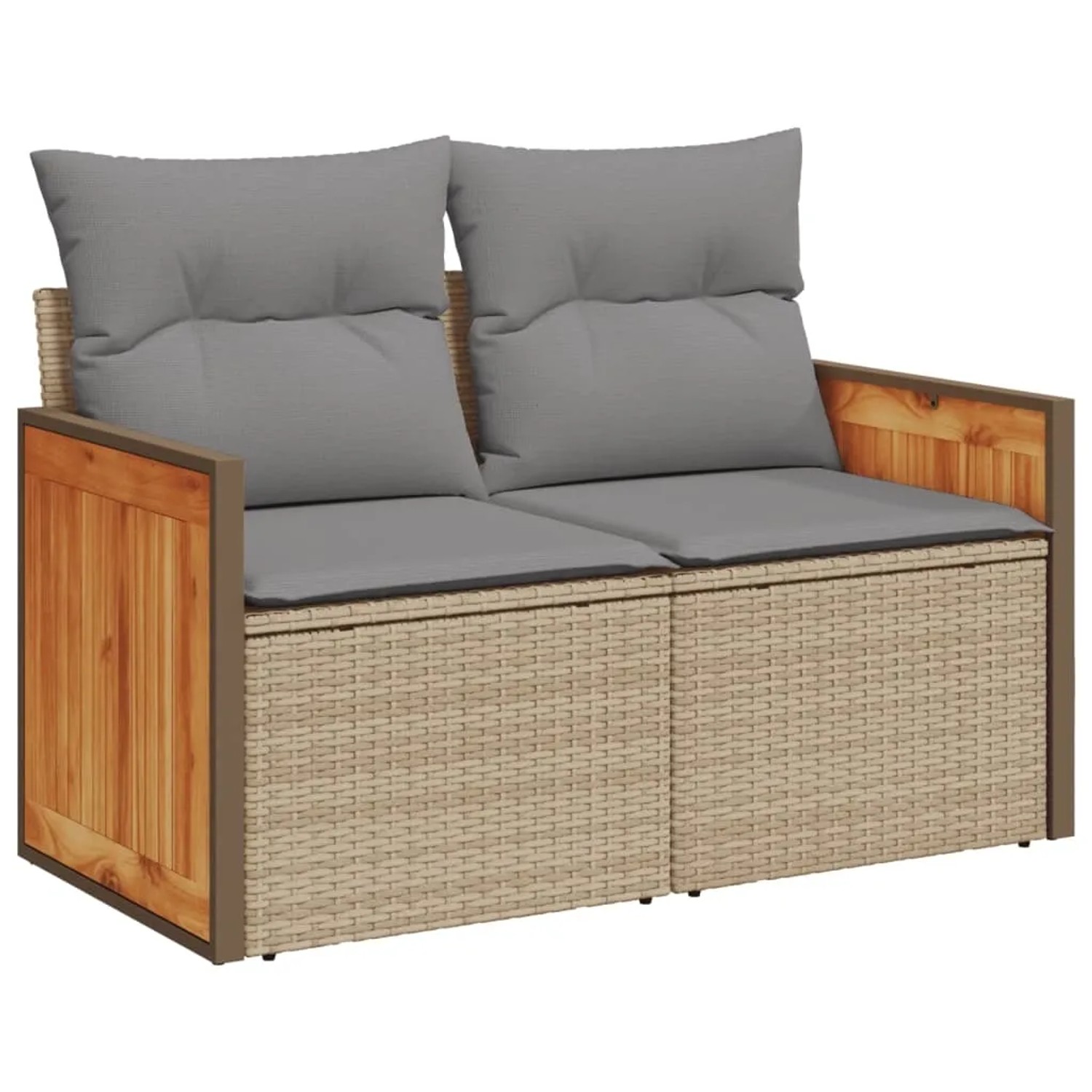 Beige 4-tlg. Garten-Sofagarnitur aus Rattan mit grauen Kissen.