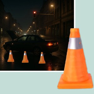 Orange faltbare Pylonen mit Reflektorstreifen sichern Pannenfahrzeug nachts. 4er Set Leitkegel für Absperrung.