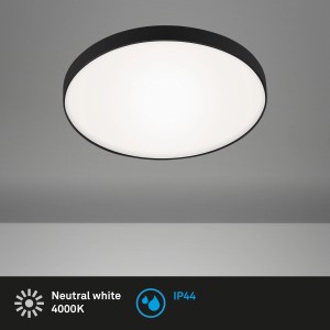 Schwarze, runde Briloner LED Bad-Deckenleuchte Malbona mit IP44 Spritzwasserschutz und neutralweißem Licht.