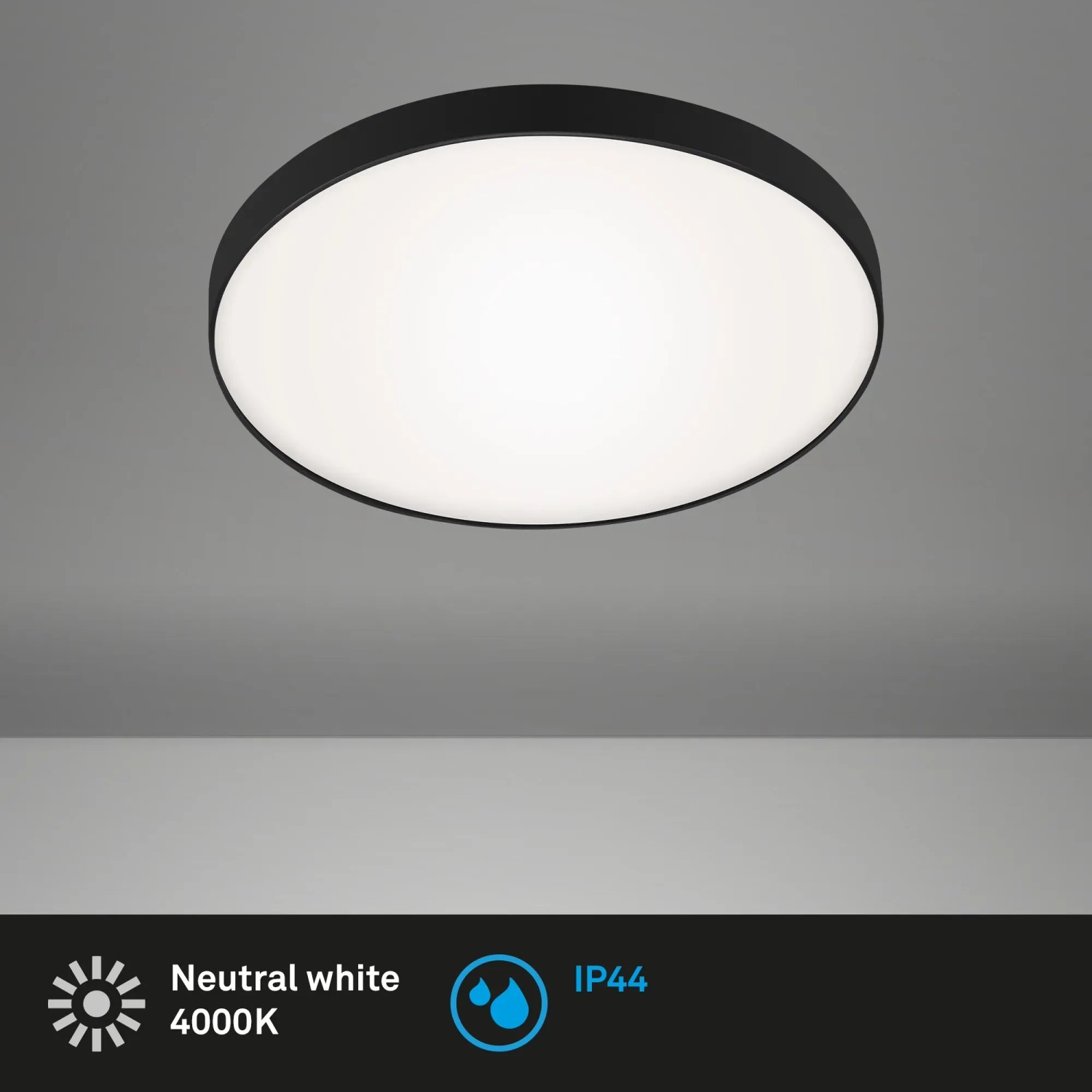 Schwarze, runde Briloner LED Bad-Deckenleuchte Malbona mit IP44 Spritzwasserschutz und neutralweißem Licht.