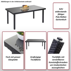 Rechteckiger MCW Poly-Rattan Gartentisch Chieti in Anthrazit mit dunkler Glasplatte und verstellbaren Füßen.