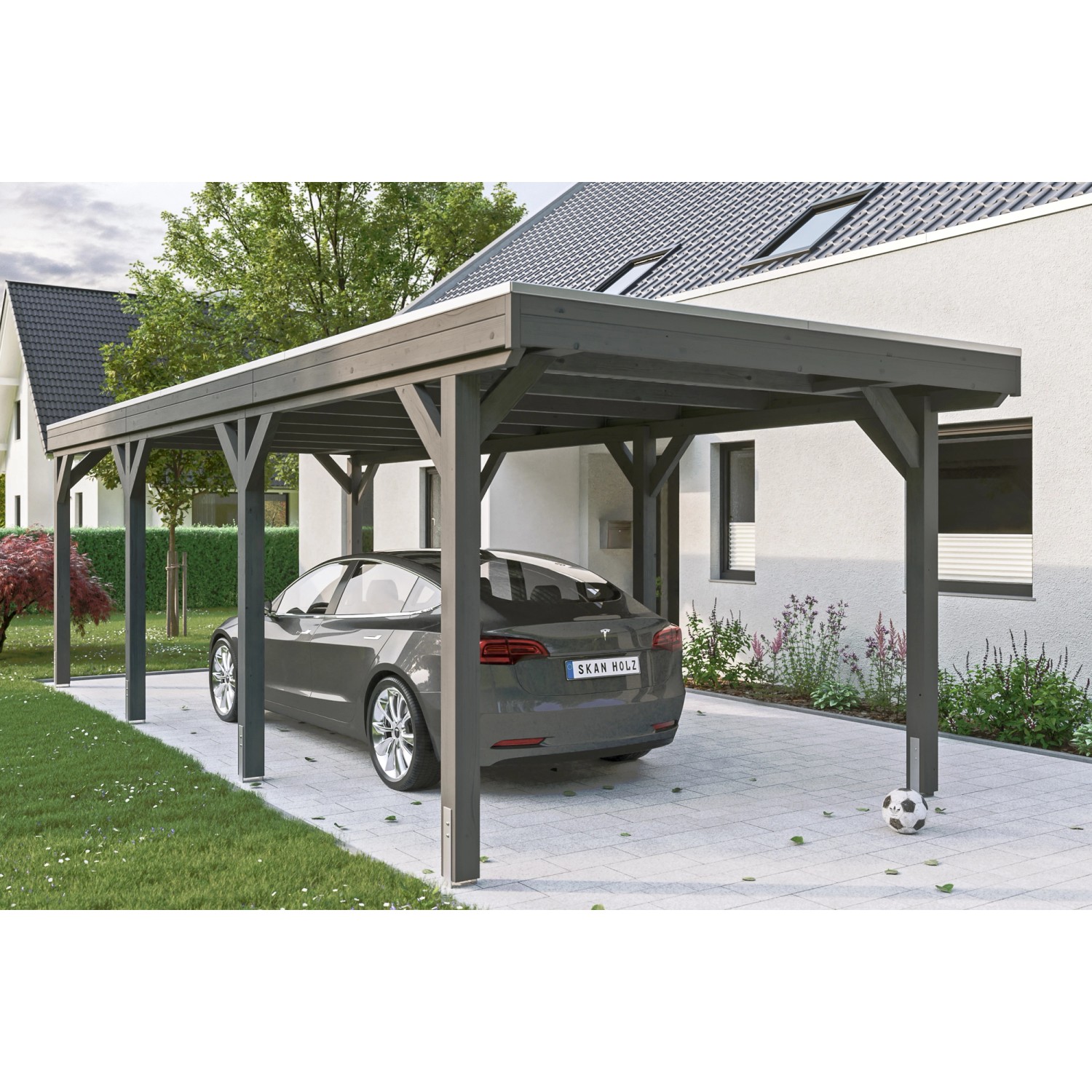 Skan Holz Carport Grunewald 321 cm x 796 cm mit EPDM-Dach Schiefergrau