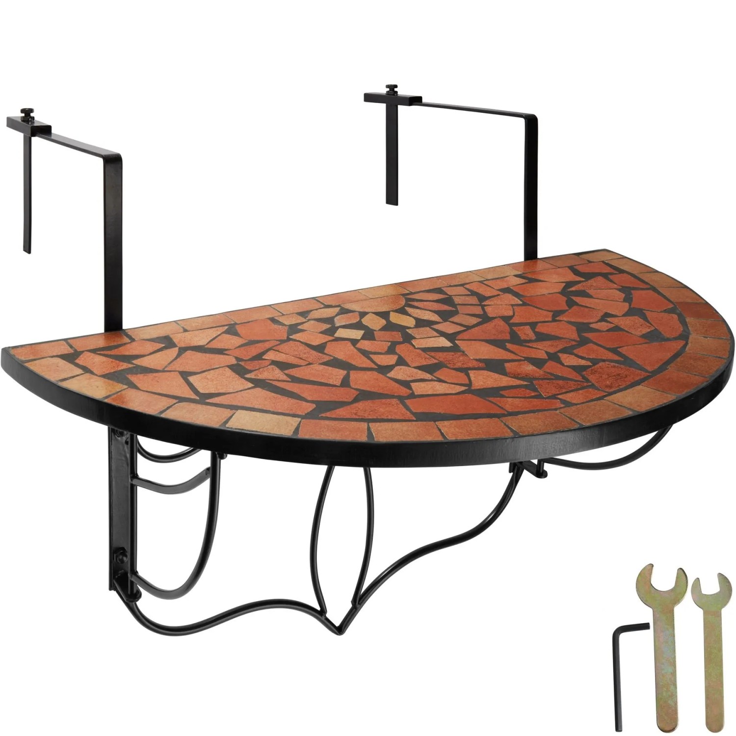 Tectake Balkontisch  Stahl  Mosaik und Zement Halbkreisförmig  Klappbar  75 x 65 x 62 cm Terracotta