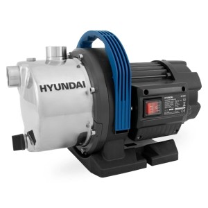 HYUNDAI Gartenpumpe GP12050 aus Edelstahl mit schwarzem Motor, blauem Griff und rotem Schalter für Garten & Haus.