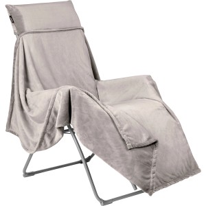 Beige Lafuma Fleece-Decke Flocon auf Relaxliege. Weiche Auflage mit Kopfpolster für Gartenstuhl.