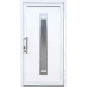 Weiße Kunststoff-Haustür, 100x200 cm, links angeschlagen, mit Milchglaseinsatz.