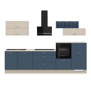 Impuls Küchenzeile 320 cm in Alby Blue mit E-Geräten (rechts). Moderne Schrankküche mit Backofen, Kühlschrank und Dunstabzugshaube.