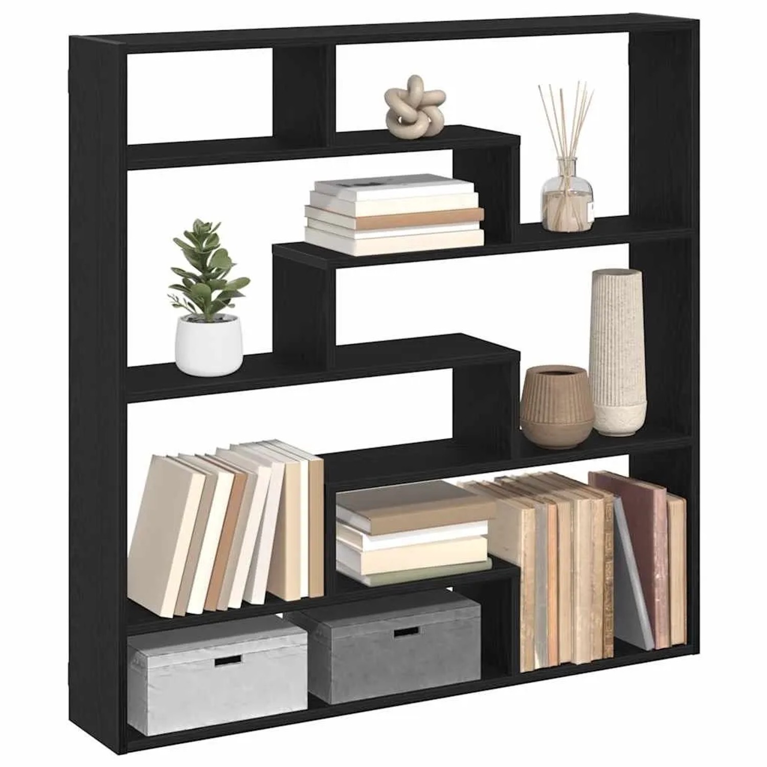Schwarzes vidaXL Würfelregal mit 7 Fächern aus Holzwerkstoff, dekoriert mit Büchern und Deko-Objekten.