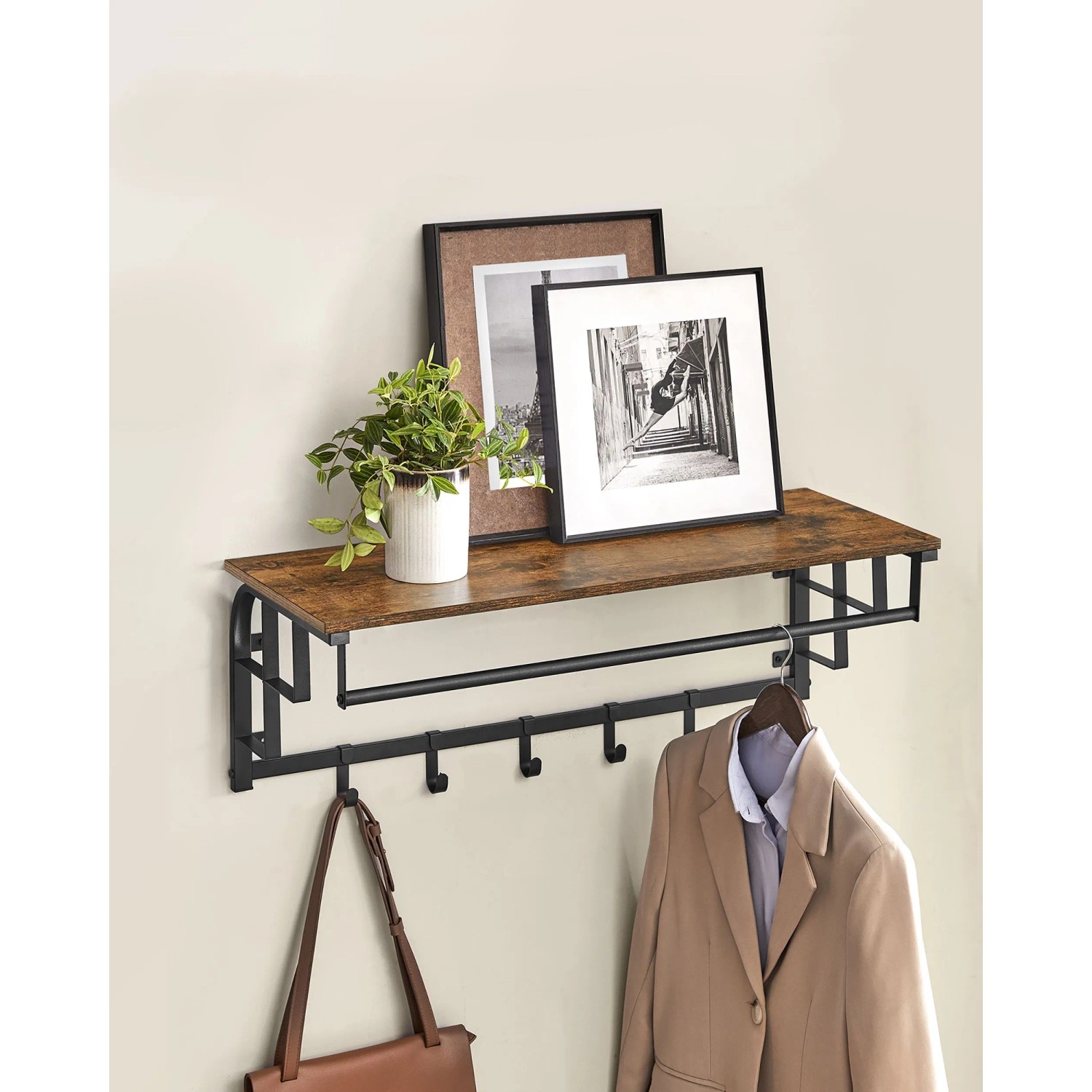 Songmics Wandgarderobe Barnet-old mit Ablage, 5 Haken, braun-schwarz. Garderobe im Industrie-Design.