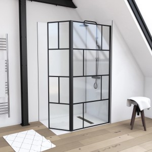 Aurlane Walk-In Duschwand Bricks, 90+40x195cm, mit schwarzem Rahmen und transparentem Glas im Badezimmer.