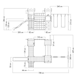 Technische Zeichnung Wickey Spielturm Smart Arch blau mit Maßen für Planung.