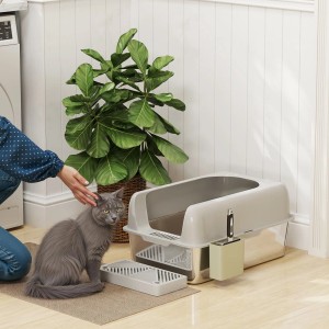 Helles PawHut Katzenklo aus Edelstahl mit Katze und Zubehör.