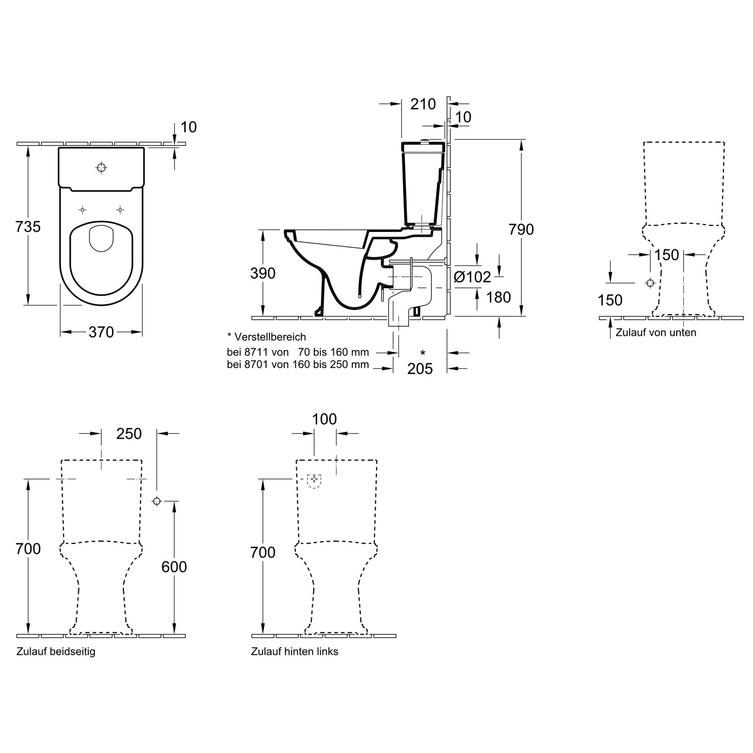 Technische Zeichnung Villeroy & Boch Stand-WC Hommage, Tiefspüler in Weiß mit Maßen.