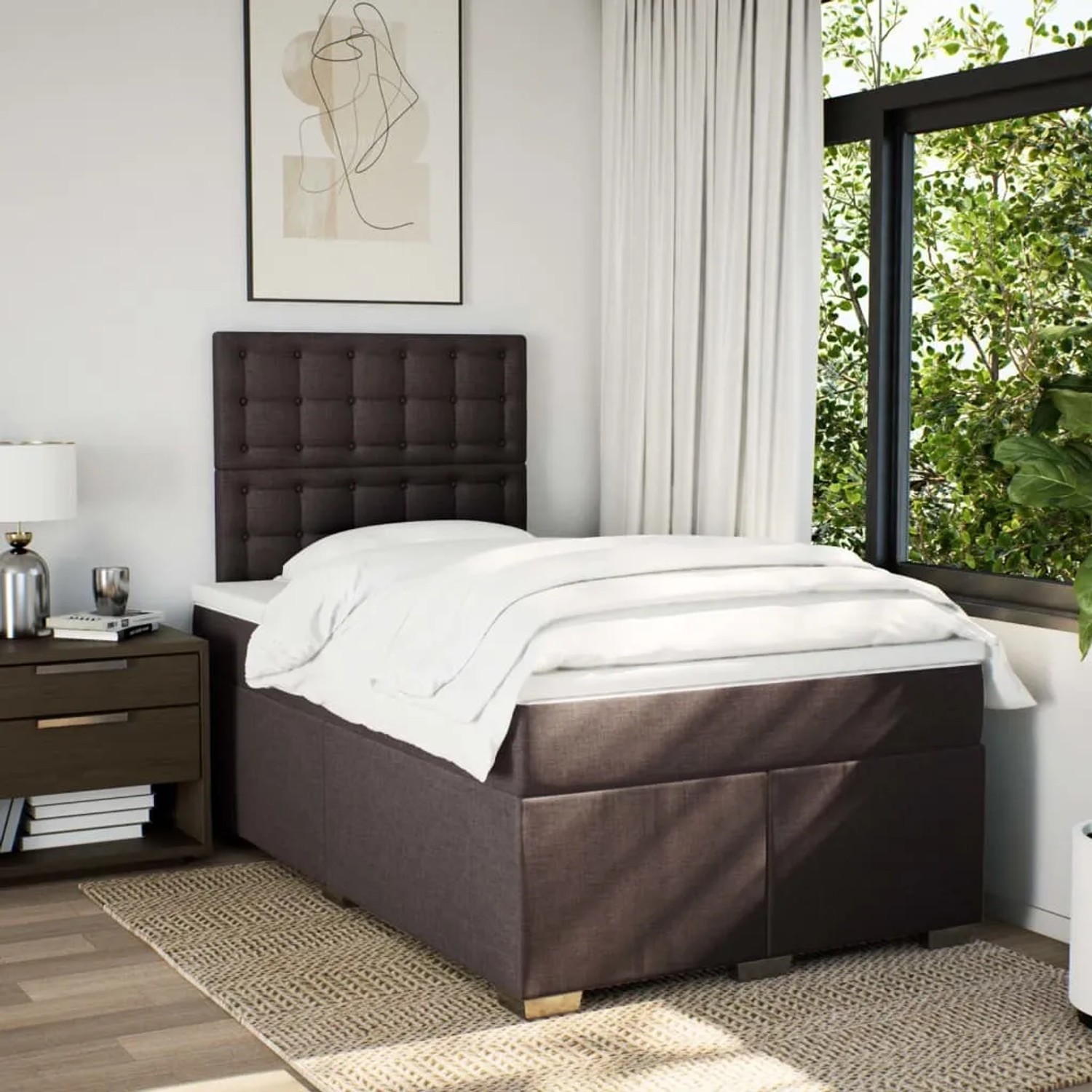 Dunkelbraunes vidaXL Boxspringbett (120x190 cm) mit Matratze und Kopfteil im Schlafzimmer.