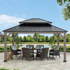 Sunjoy Gazebo Rysy Zedernholz, 390x450cm, schwarz, mit Sitzgruppe und Beleuchtung.