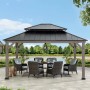 Sunjoy Gazebo Rysy Zedernholz, 390x450cm, schwarz, mit Sitzgruppe und Beleuchtung.