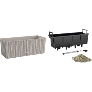 Lechuza Balconera Cottage 50, sandbraun, mit Pflanzeinsatz, Bewässerungssystem und Zubehör.