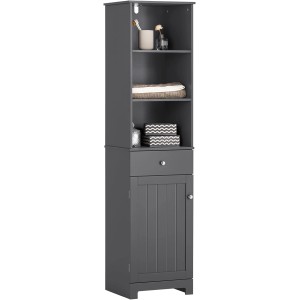 SoBuy Bad Hochschrank BZR17-DG, dunkelgraues Badregal mit 3 Fächern, Schublade und Tür.