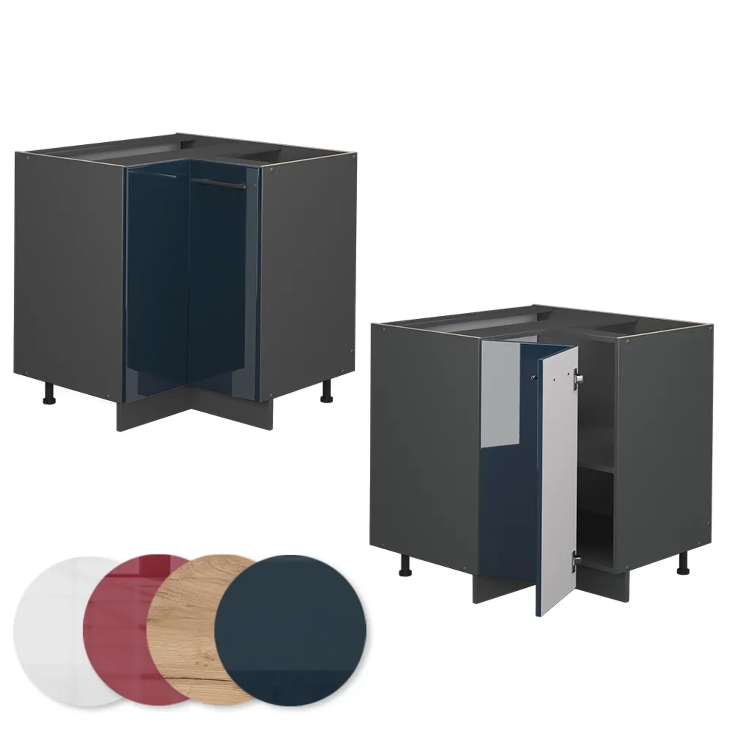 Vicco Eckunterschrank Fame-Line, dunkelblau hochglanz, mit Marmor Arbeitsplatte, 81 cm. Küchenschrank für die Ecke.