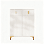 Weißer Sideboard Schuhschrank mit strukturierter Front, zwei Schubladen mit Goldgriffen und zwei Türen, auf eleganten Goldfüßen.
