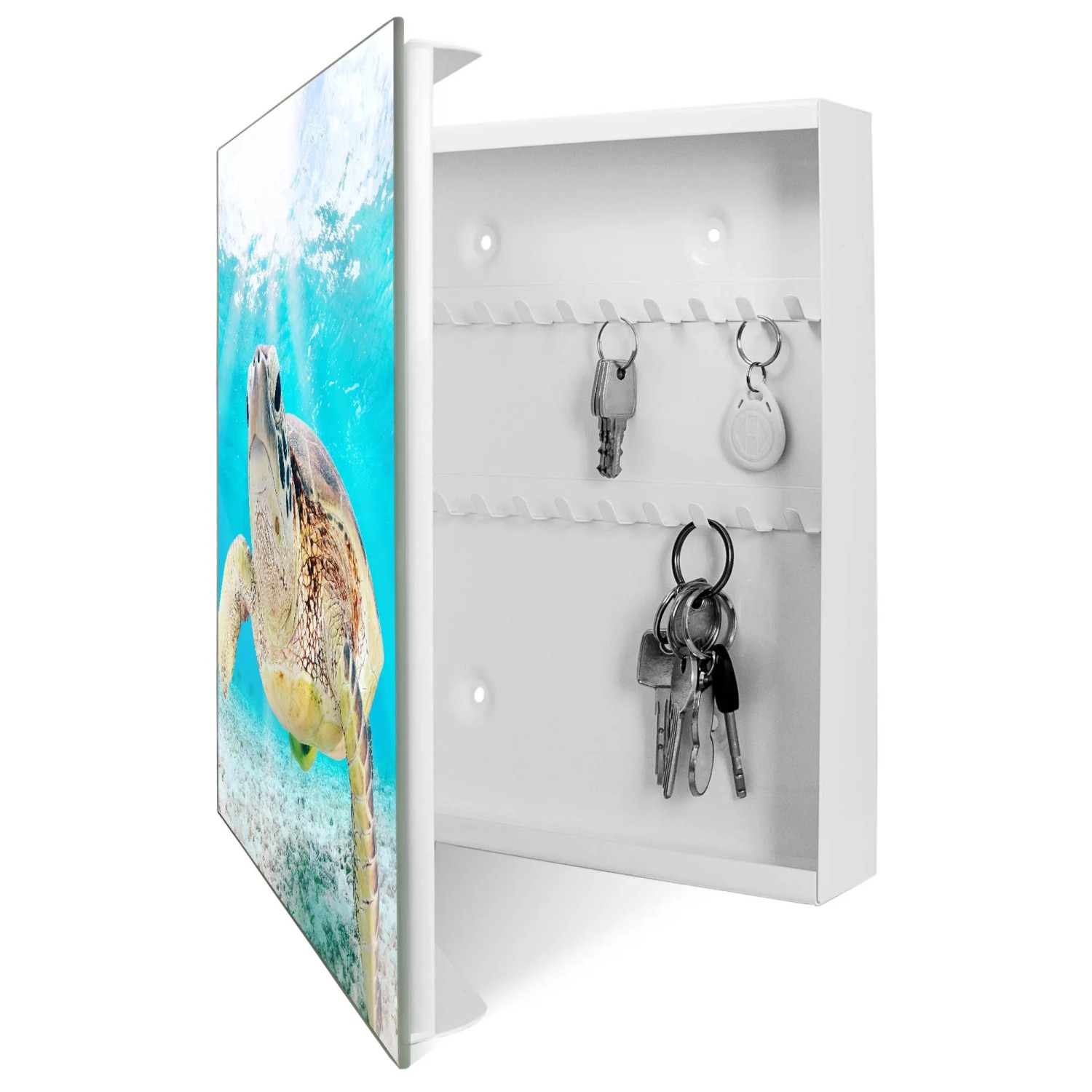 Weißer Schlüsselkasten mit Glasfront, Elvis Motiv (Schildkröte), 50 Haken, Magnettafel.