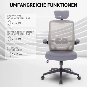 Grauer Svita Sam Bürostuhl mit Netzlehne. Höhenverstellbare Kopfstütze, Lendenwirbelstütze und Sitzfläche. Ergonomisch & mit Rollen.