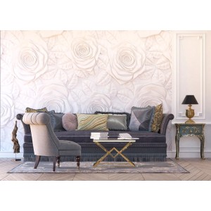 Sanders & Sanders Fototapete Blumen in 3D-Optik, weiße Rosen auf der Wand im Wohnzimmer.