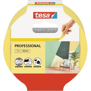 Tesa Malerband Professional, 50 m x 38 mm, gelbes Abdeckband für scharfe Farbkanten.