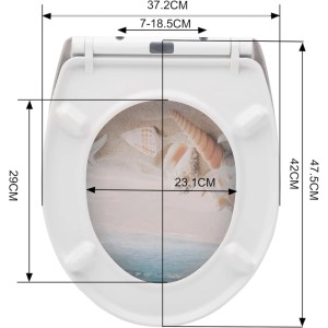 Weißer WOLTU WC-Sitz aus Duroplast mit Absenkautomatik, Muschel-Strandmotiv auf dem Deckel. Maße.