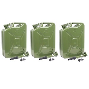 3 olivgrüne TRUTZHOLM Benzinkanister (20L) aus Metall mit Ausgießer und Halter.