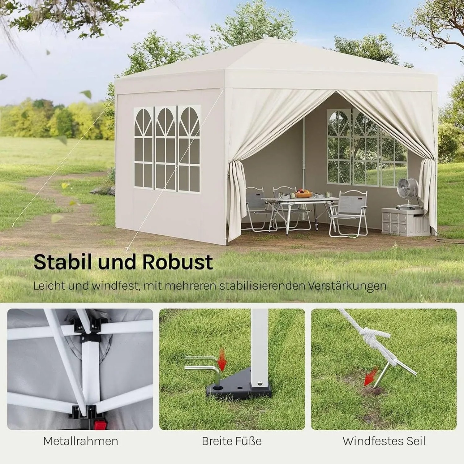 Beiger WOLTU Pop-Up Pavillon 3x3m mit Pagodendach, ideal als Sonnenschutz im Garten.