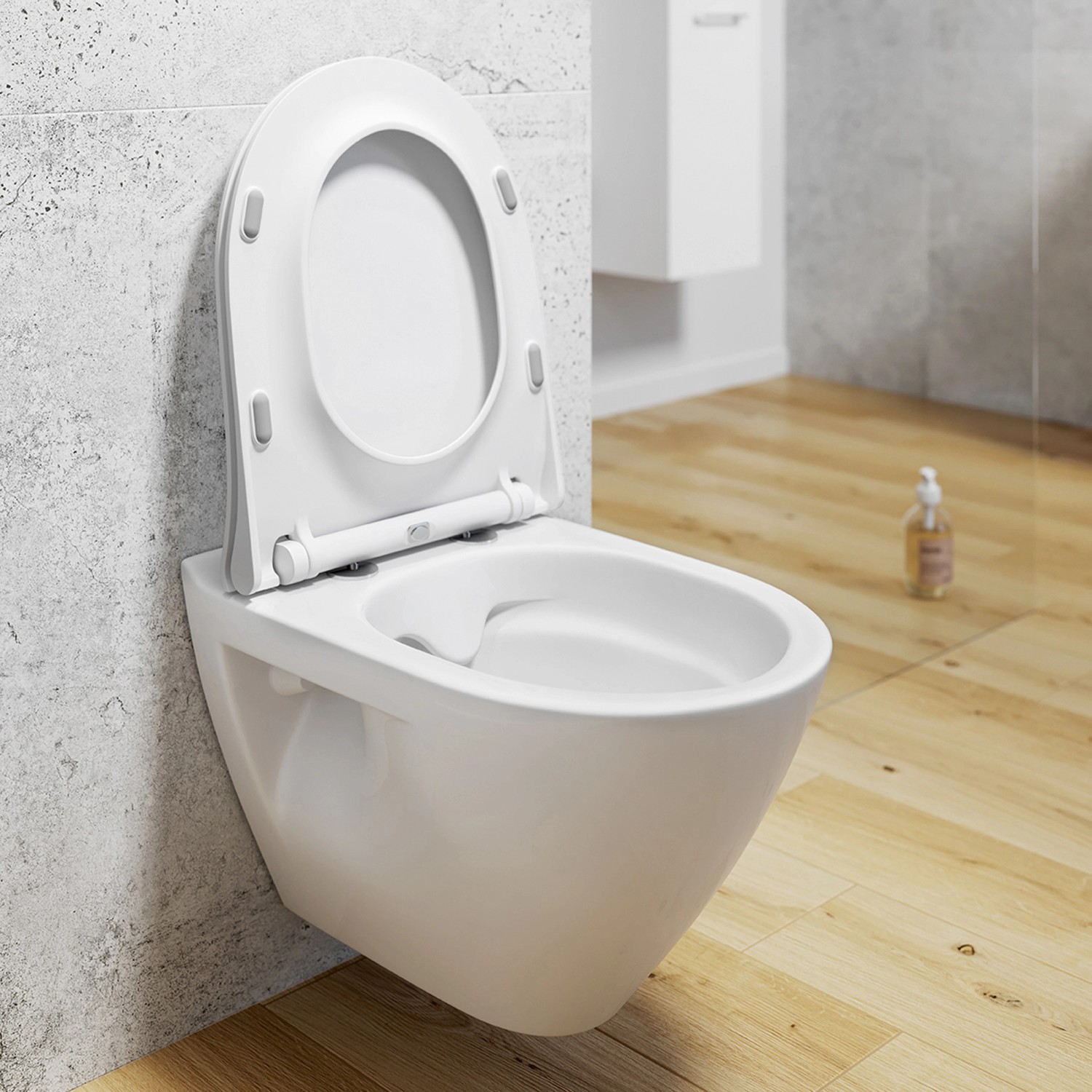 Weißes, spülrandloses baliv Wand WC-Set Mansfield mit offenem WC-Sitz.