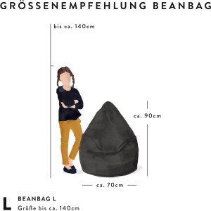 Größenempfehlung: Sitting Point Sitzsack BeanBag Fluffy, Größe L, geeignet bis ca. 140cm Körpergröße.