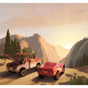 Komar Vliesfototapete mit Lightning McQueen und Hook im Sonnenuntergang. Cars Fototapete.