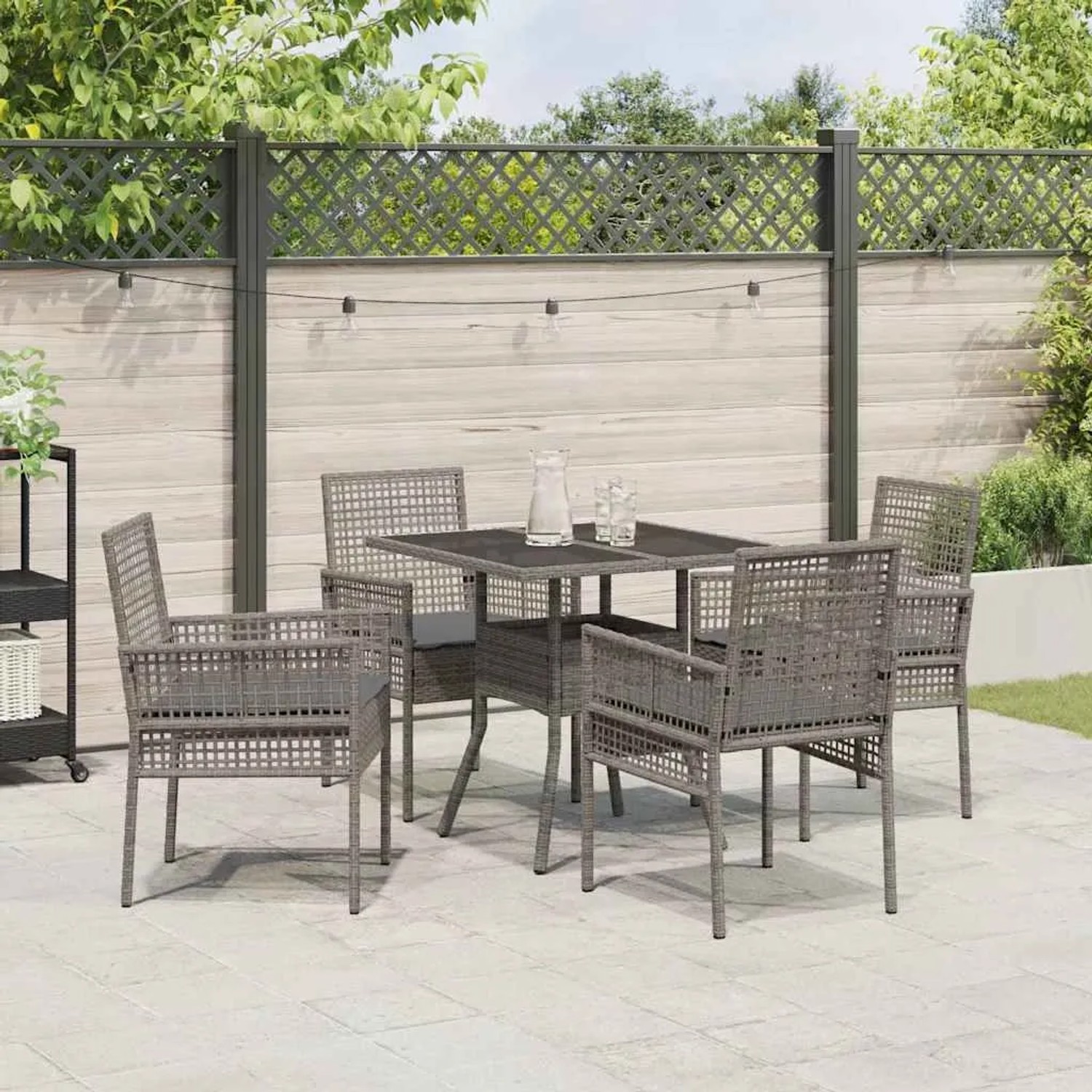 Graue 5-tlg. vidaXL Garten Essgruppe aus Poly Rattan mit Tisch und vier Stühlen.
