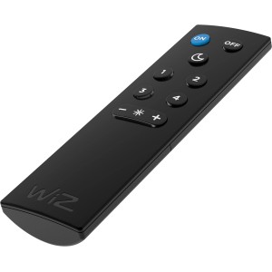 Schwarze WiZ Smart Fernbedienung für LED-Leuchtmittel mit On/Off, Dimm- und Nachtlichtfunktion.