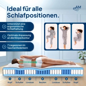 AM Premium Taschenfederkernmatratze 160x200 cm mit 7 Zonen und Liegezonen-Einteilung.