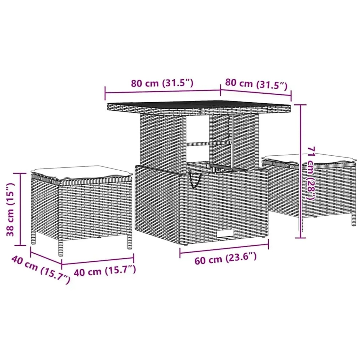 vidaXL Gartenmöbel-Set, 13-teilig, schwarz, Poly Rattan, mit Tisch und Hockern, Maße siehe Abbildung.